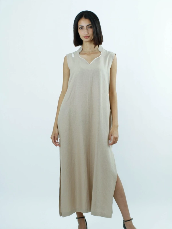 Robe sans manches en Lin Beige avec Grandes Fentes Maison HL Couture