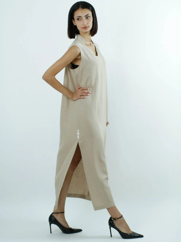 Robe sans manches en Lin Beige avec Grandes Fentes Maison HL Couture