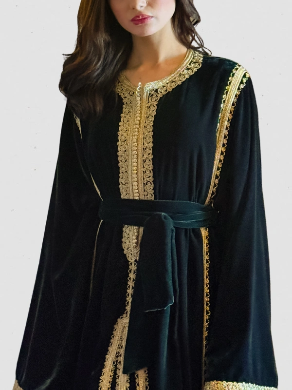 Caftan en Velours avec Mejdoule Vert Bouteille Yassandyass