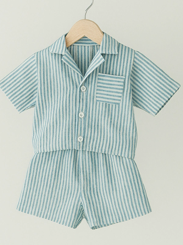 Ensemble 2 Pieces pour Enfant Unisexe Chemisier et Short Rayé Bleu Babybulle