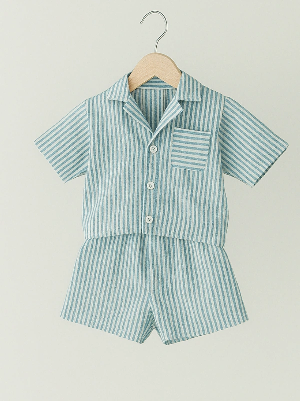 Ensemble 2 Pieces pour Enfant Unisexe Chemisier et Short Rayé Bleu Babybulle