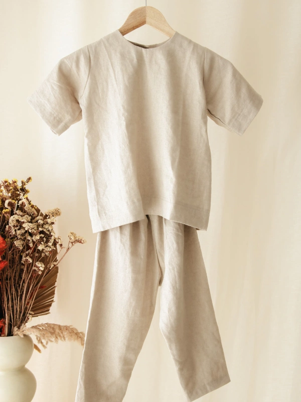 Ensemble en Lin pour Enfants Pantalon et Chemise Unisexe Beige Babybulle