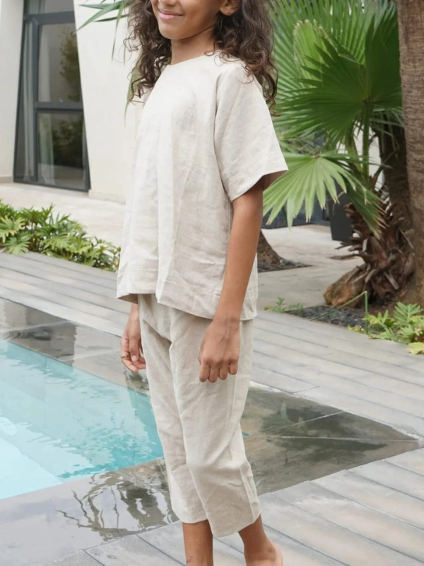 Ensemble en Lin pour Enfants Pantalon et Chemise Unisexe Beige Babybulle