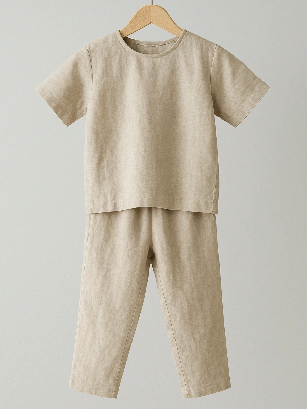 Ensemble en Lin pour Enfants Pantalon et Chemise Unisexe Beige Babybulle