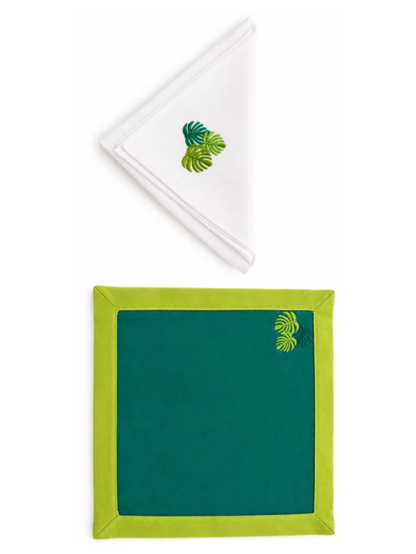 Set de table et sa serviette ,brodés . Motif Philodendron